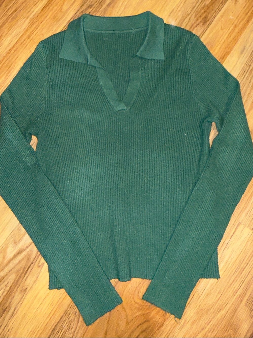 Ribbed V-Neck Polo Sweater - Forest Green